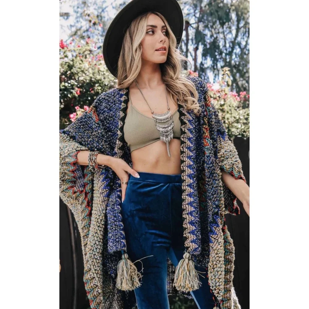 Couture Gypsy | Sweaters | Boho Cobalt Blue Multicolor Tassel Poncho ...